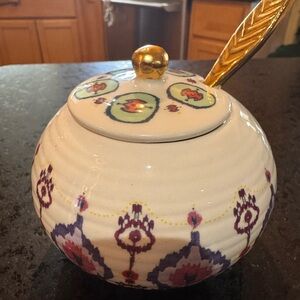 Anthropologie Decorative sugar bowl and spoon with Gold Accents